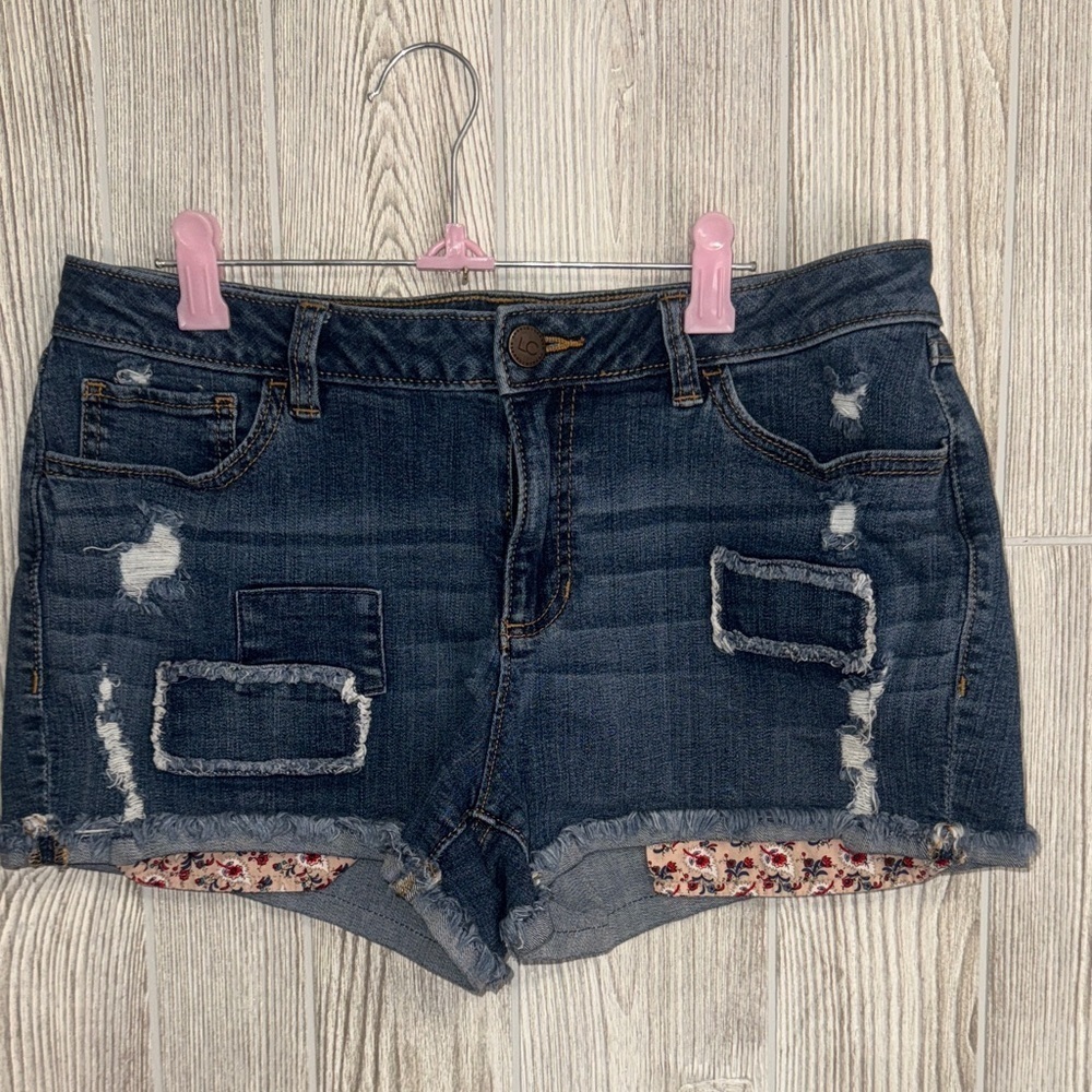 LC Lauren Conrad Distressed Blue Jean Shorts with Floral Accents